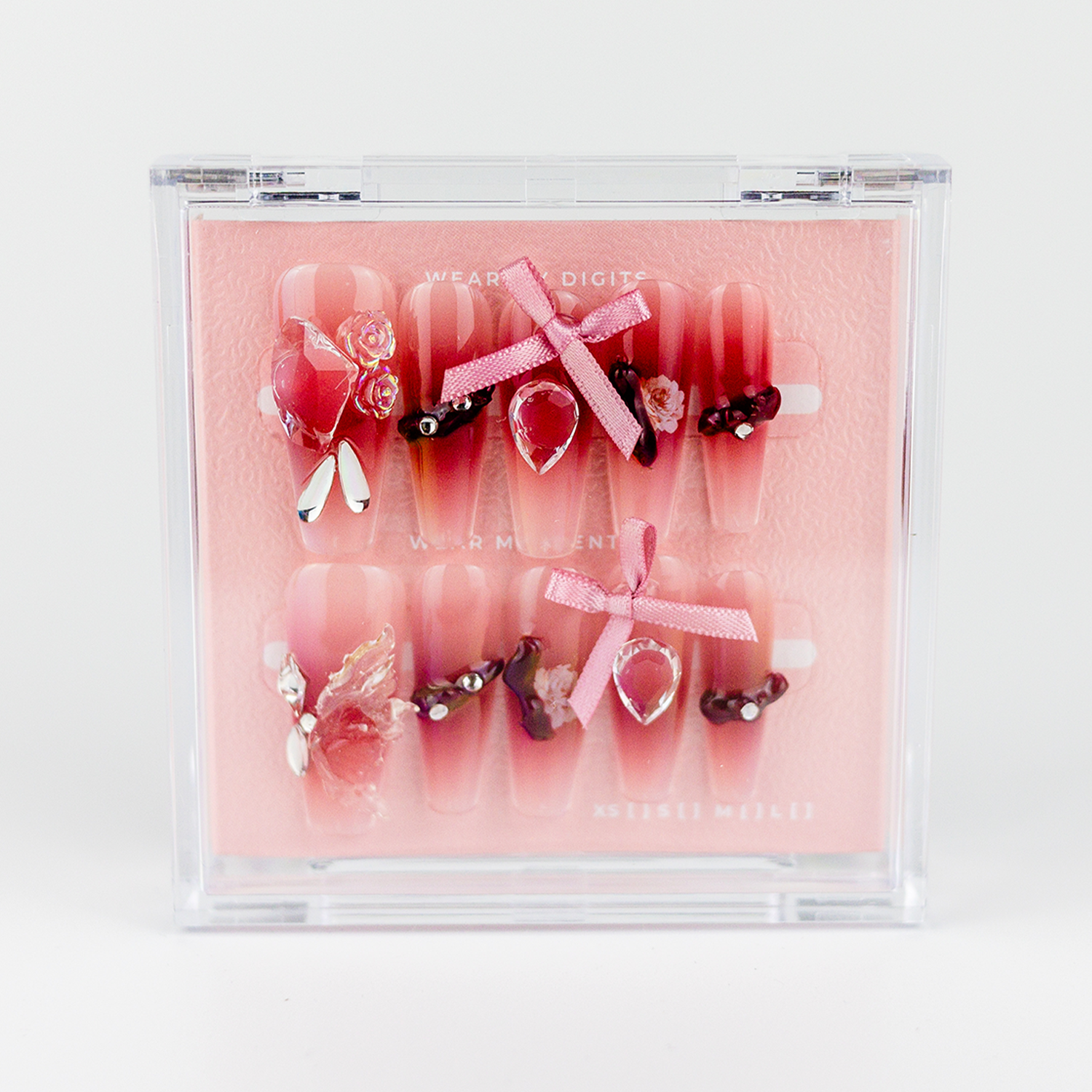 #1681 – Ribbons & Romance | Long, Coffin Reusable Ready-to-Wear Nails