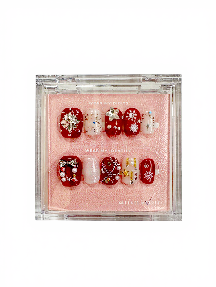 #1186 – Polka Dot Christmas Charms | Short Squoval Shape, Reusable Ready-to-Wear Nails