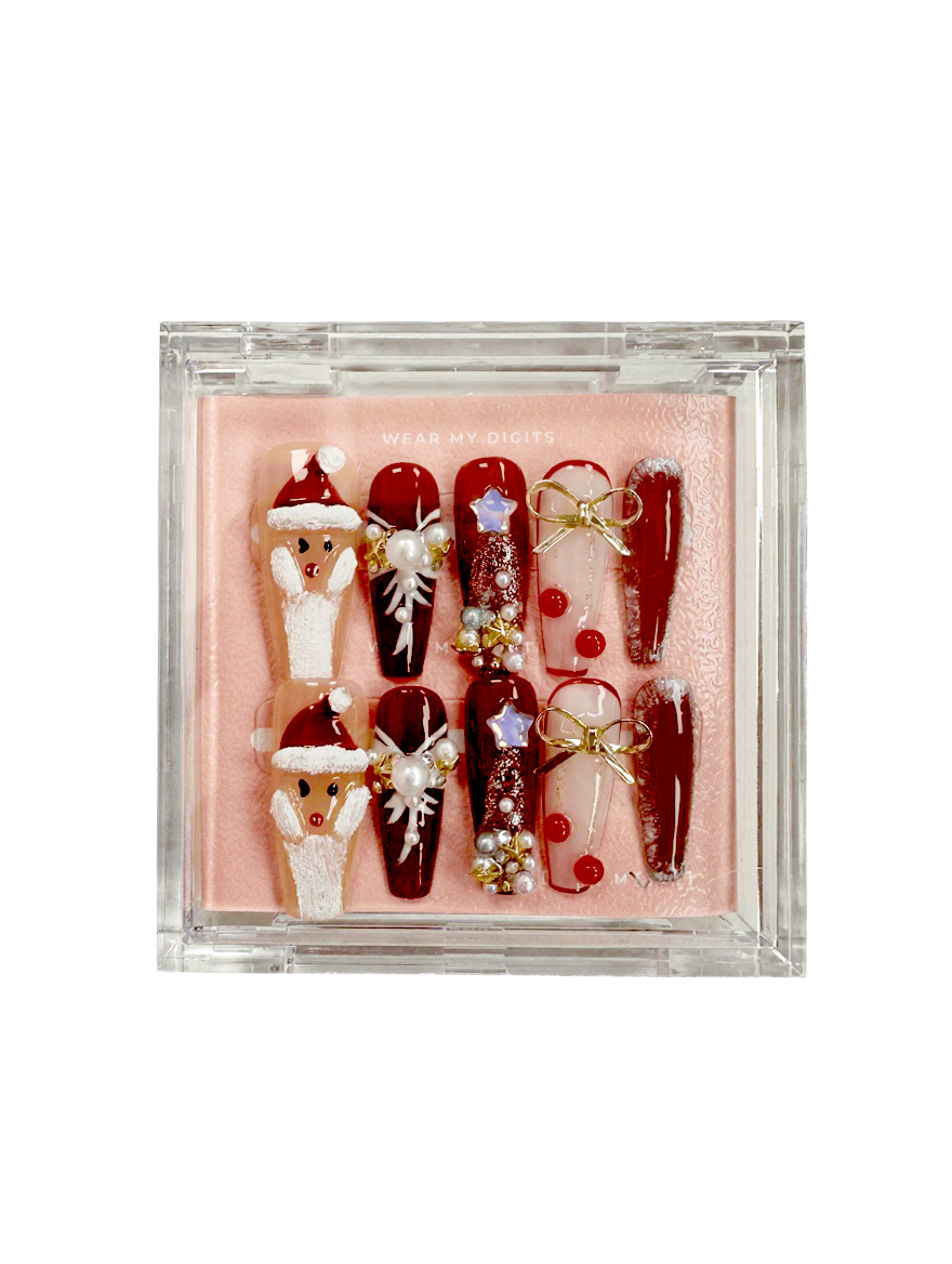 #1215 – Cozy Knit & Candy Cane | Medium Coffin Shape, Reusable Ready-to-Wear Nails