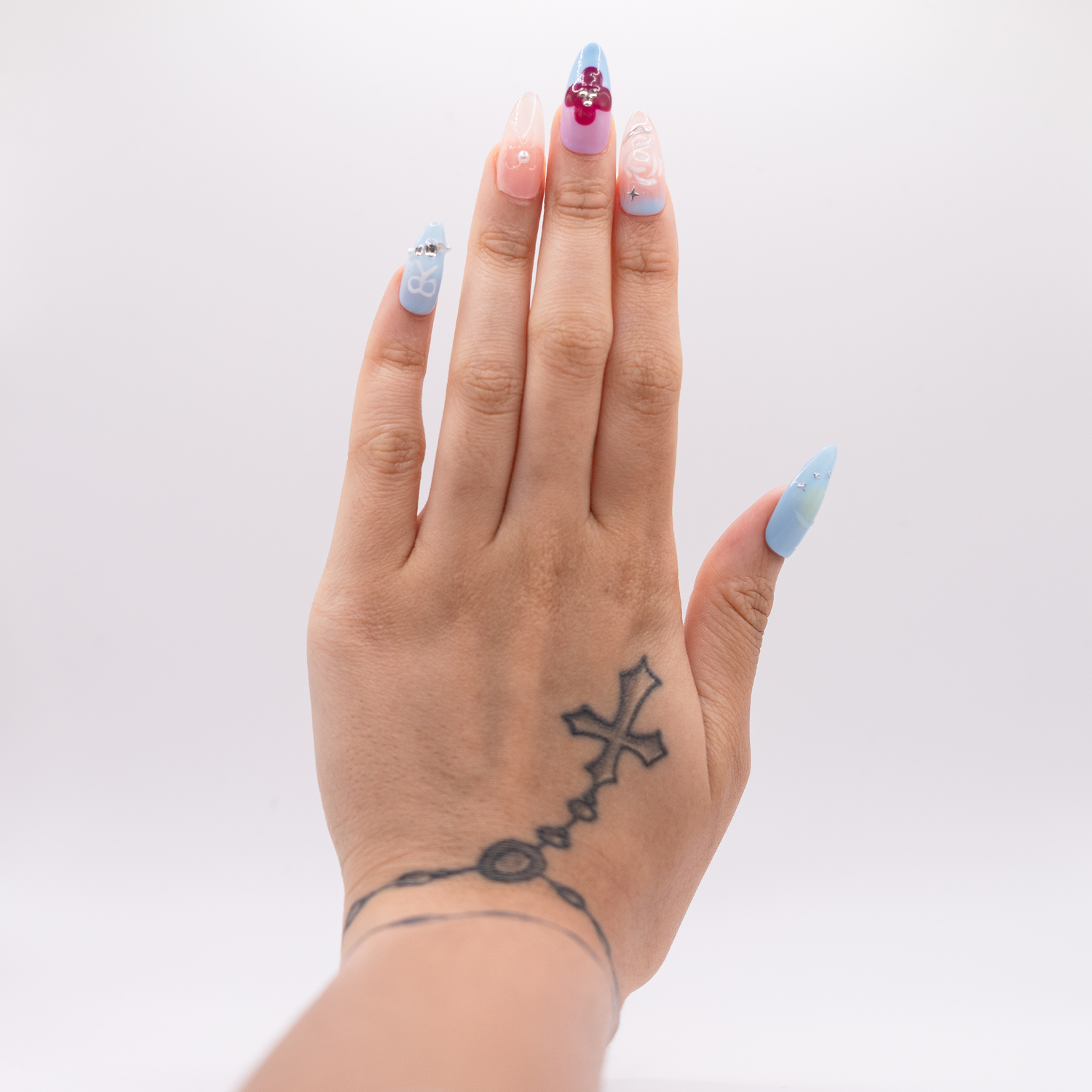 #1826 – Cotton Candy Garden | Medium, Oval Reusable Ready-to-Wear Nails