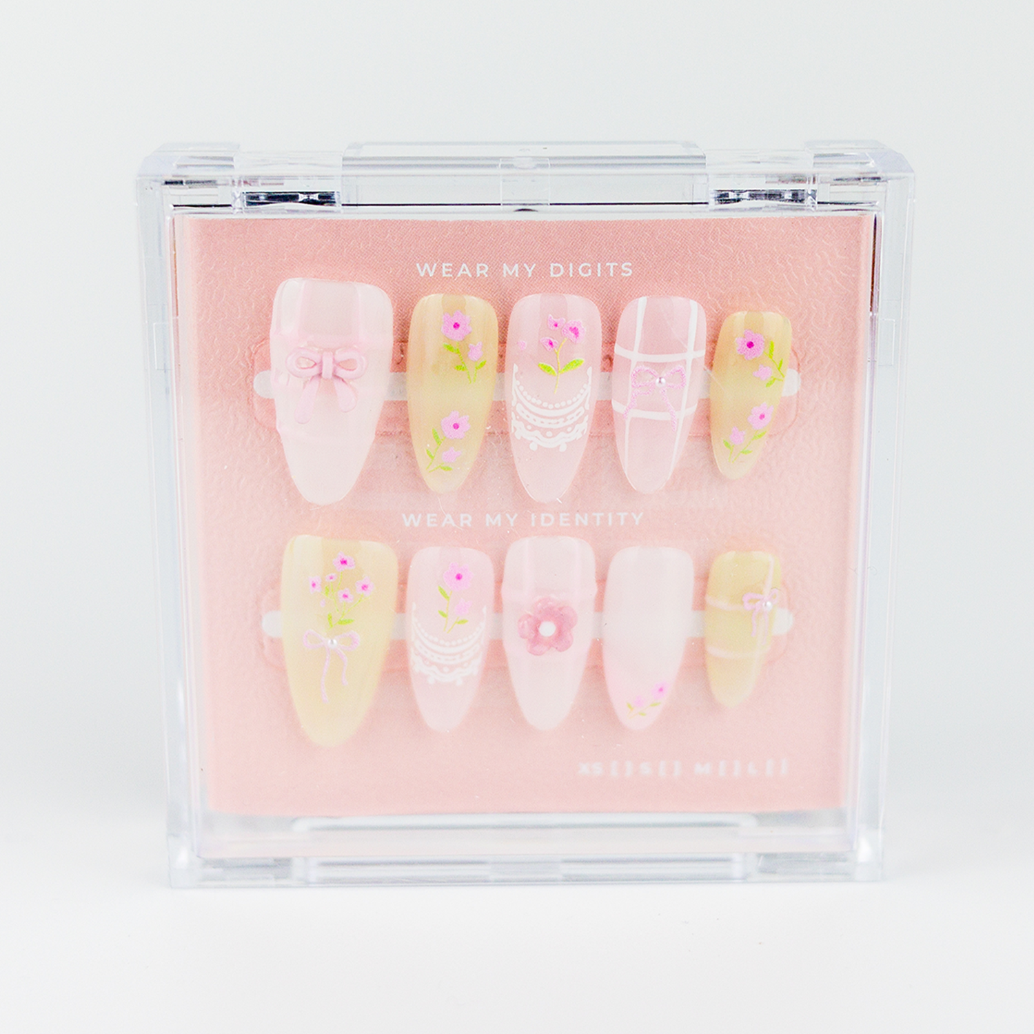 #1829 – Sugar Bow Bloom | Long, Almond Reusable Ready-to-Wear Nails