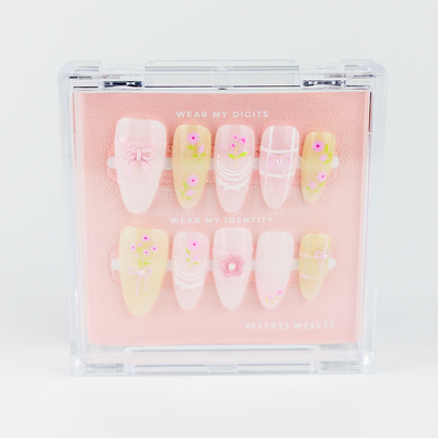 #1829 – Sugar Bow Bloom | Long, Almond Reusable Ready-to-Wear Nails
