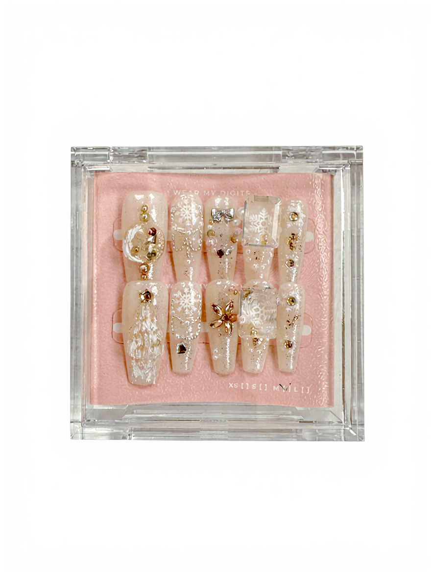 #2216– Ruby Stiletto Snowfall | Long Stiletto Shape, Reusable Ready-to-Wear Nails