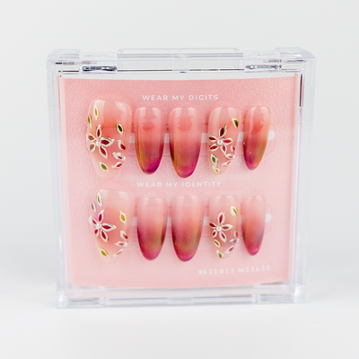 #2300 – Bloomed Serenity | Long, Almond Reusable Ready-to-Wear Nails