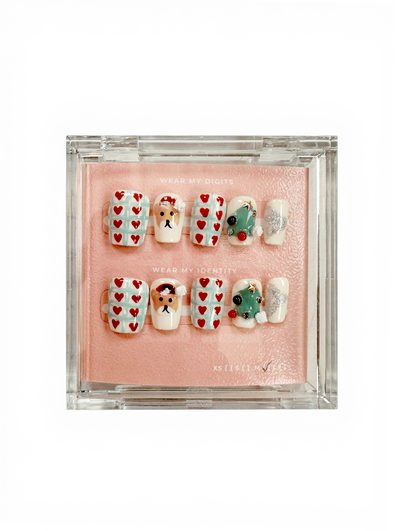 #2488 – Santa’s Sparkle & Bows | Long Coffin Shape, Reusable Ready-to-Wear Nails