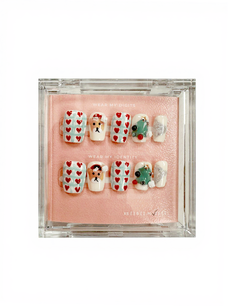 #2488 – Santa’s Sparkle & Bows | Long Coffin Shape, Reusable Ready-to-Wear Nails