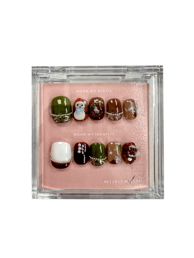 #2490 – Playful Bear & Plaid | Short Squoval Shape, Reusable Ready-to-Wear Nails