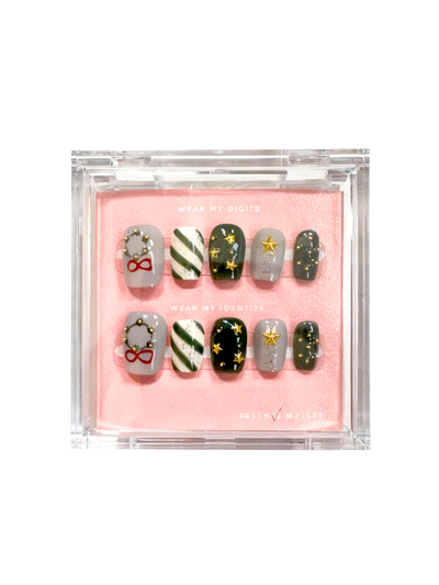 #2557 – Classic Holiday Charm | Short Almond Shape, Reusable Ready-to-Wear Nails