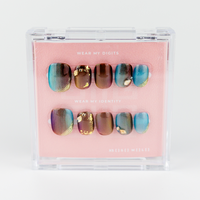 Buy  Afterglow press on nails in Round shape, Party theme, green,brown,golden colour and Short length.
