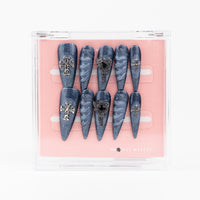 Buy  Amen, Baby press on nails in Almond shape, Party theme, Grey,black colour and Long length.
