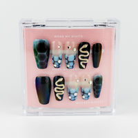 Buy  Bellatrix press on nails in Coffin shape, Party theme, black,silver,blue colour and Long length.
