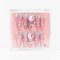 Buy  Blushing Belle press on nails in Almond shape, Party theme, Pink,silver colour and Long length.
