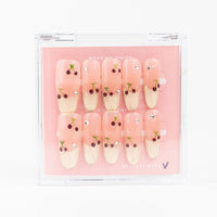 Buy cherry Drop press on nails in Square shape, Party, Holiday theme, nude, red colour and Medium length.