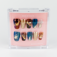 Buy Cosmoglitz press on nails in Coffin shape, Party theme, Gold,blue,brown colour and Medium length.
