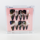 Buy Crucifix Maiden press on nails in Almond shape, Party theme, black,nude colour and Long length.
