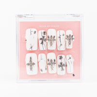 Buy Divine Noir press on nails in Squaoval shape, Party theme, white,silver colour and Long length.

