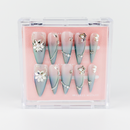 Buy Fleur Aura press on nails in Almond shape, Party theme, blue,grey,nude colour and Long length.
