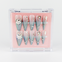 Buy Fleur Aura press on nails in Almond shape, Party theme, blue,grey,nude colour and Long length.
