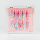 Buy  Glazed Petals press on nails in Almond shape, Holiday, Brights theme, Pink, glue colour and Long length.
