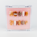Buy Gloss in Gold press on nails in Square shape, Party theme, yellow, brown, white colour and Medium length.