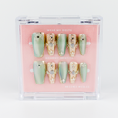 Buy  Golden Era press on nails in Coffin shape, Party theme, green,gold colour and Long length.

