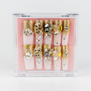 Buy Golden Hour press on nails in Square shape, Party theme, golden nude colour and Long length.
