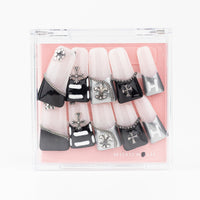 Buy  Goth Queen press on nails in Square shape, Party theme, black,silver,nude colour and Long length.
