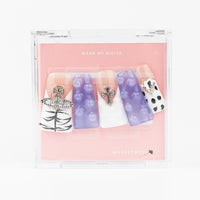 Buy Gothic Grace press on nails in Square shape, Party theme, purple, silver, nude, white colour and Medium length.