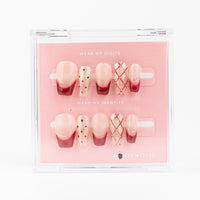 Buy laced in love press on nails in Coffin shape, Casual, Holiday theme, nude, red colour and Long length.
