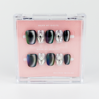 Buy Midnight Gala Midnight Gala press on nails in Round shape, Party theme, black, silver colour and Medium length.
