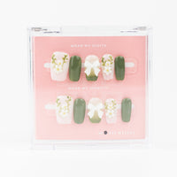 Buy Moss Meadow press on nails in Squaoval shape, Holiday, Casual theme, Green,White colour and Long length.
