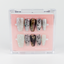 Buy  obsidian Bloom press on nails in Coffin shape, Party theme, silver,black colour and Long length.
