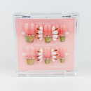Buy Pink Flora press on nails in Coffin shape, Party, Holiday theme, Nude,green,white colour and Long length.

