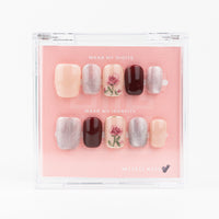 Buy Rose celeste press on nails in Round shape, Party, Holiday, Casual theme, nude,maroon,silver colour and Medium length.
