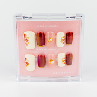 Buy Satin garden press on nails in Squaoval shape, Party theme, red,gold,white colour and Long length.

