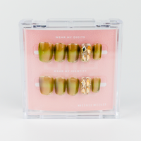 Buy Swarovista press on nails in Squaoval shape, Party theme, Green colour and Medium length.
