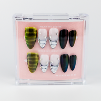 Buy  Velvet Venom press on nails in Oval shape, Party theme, green,white black colour and Long length.
