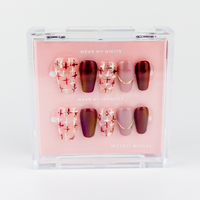 Buy Wine & Velvet press on nails in Coffin shape, Party theme, red,white,nude colour and Long length.
